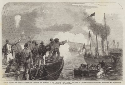 Captain Hewlett, CB, of HMS Edinburgh, Directing the Movements of the Snapper and Stork Gun-Boats at a Russian Three-Decker between Gustafsvern and Bartholomew by John Wilson Carmichael
