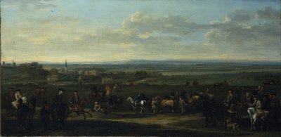 A view of Old Newmarket with figures and horses on the Heath by John Wootton