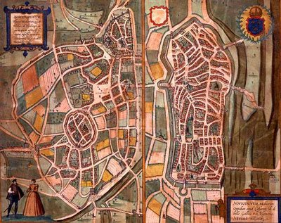 Maps of Autun and Nevers, from Civitates Orbis Terrarum by Joris (after) Hoefnagel