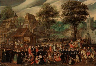 A village festival with elegantly dressed figures in procession, a river and tower beyond by Joris Hoefnagel