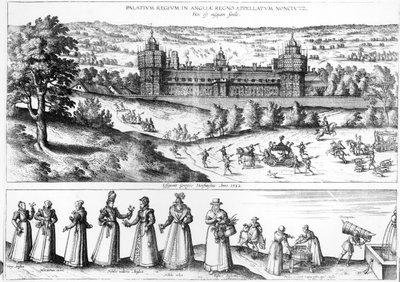 Arrival of Queen Elizabeth I at Nonesuch Palace and men and women from Tudor society, 1582 by Joris Hoefnagel