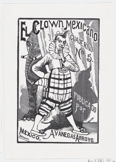 A clown standing with one hand on his hip and an elephant peering out from behind by José Guadalupe Posada