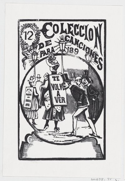 A man bending down to look at a woman with a sign on her back, illustration by José Guadalupe Posada