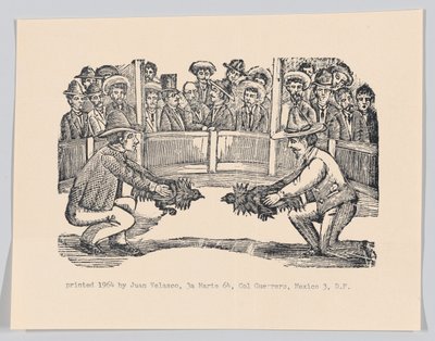 Two men in an arena holding cocks in preparation for a fight, ca 1890-1910 reprinted 1964 by José Guadalupe Posada