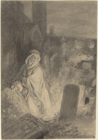 A Man Fleeing from a Nun Praying in a Cemetery by Joseph Fay