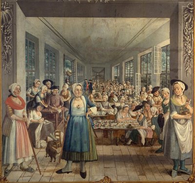 Pinching workshop. Brushing is the application of indigo blue on canvas. In the workshop, two foremen, stick in hand, watch a worker who has just filled her pot with blue. In the background, two men chatted, in the background Jean Rodolphe Wetter gave the by Joseph Gabriel Rossetti