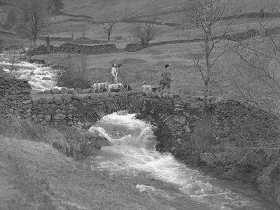 Two women and a man walk over a bridge with hounds at their feet by Joseph Hardman
