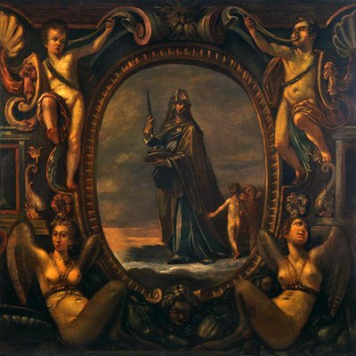 Allegorical figure with putti in a cartouche by Joseph Heintz