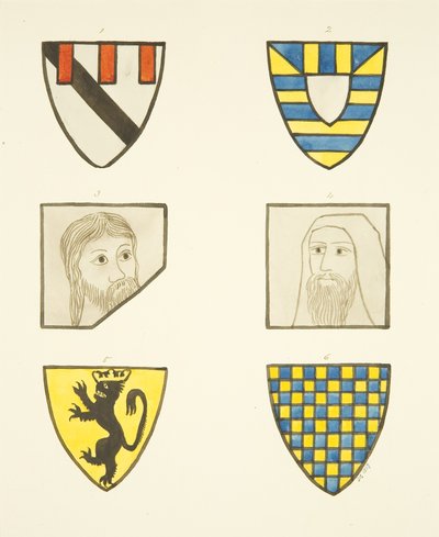 Four Coats of Arms and Two Heads in Stained Glass Windows North and South of Choir in Bristol Cathedral by Joseph Manning