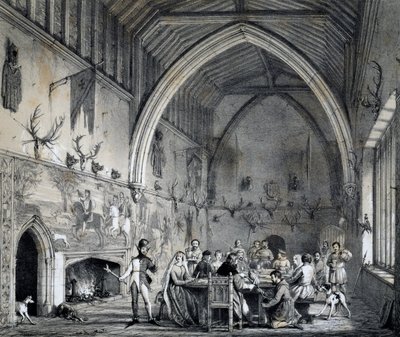Hall at Moat House Ightham with banquet, Kent, engraving from Mansions of England in olden time by Joseph Nash