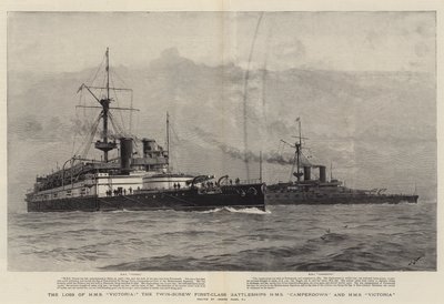 The Loss of HMS Victoria, the Twin-Screw First-Class Battleships HMS Camperdown and HMS Victoria by Joseph Nash