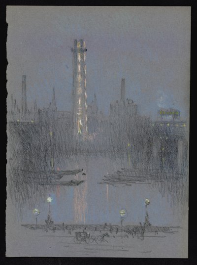 Shot Tower with Night Lights, from Embankment by Joseph Pennell