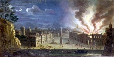 A Piazza in an Italianate Seaport with a Building Ablaze by Night by Joseph Ruiz