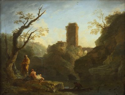A Landscape with a Tree and Two Men, a Tower in the Background by Joseph Vernet
