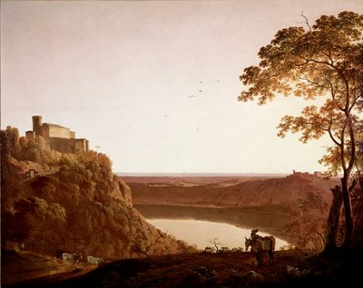View of Lake Nemi at dusk by Joseph Wright of Derby