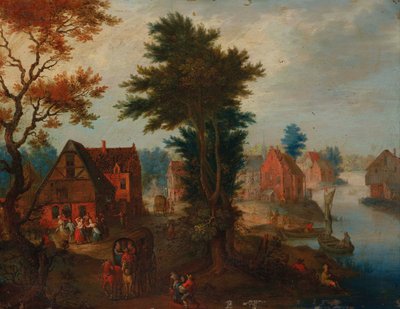 A River Landscape with Boats and Carriages by a Village by Joseph van Bredael