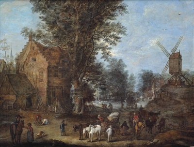 A Village Scene with Travellers and Wagoners by Joseph van Bredael