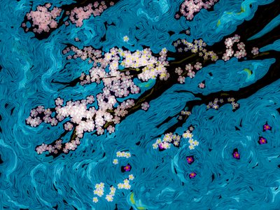 Cherry Blossoms Blue Swirls by Josie George