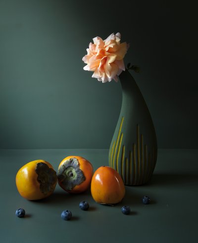 Moody Persimmons and Rose by Judy Tseng