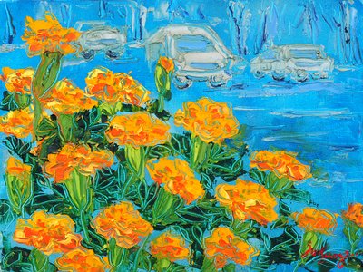 Marigolds and City Street by Jukyong Park