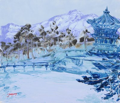 Tranquil Blue Winter Pagoda by Jukyong Park