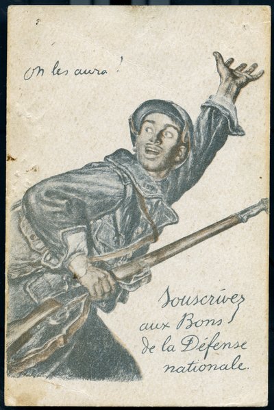 Postcard of Subscription to the Leap of the National Defense Showing a Soldier Going to the Front Shouting 