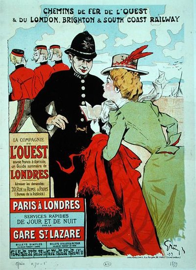 Poster advertising train services from Paris to London for the Compagnie des Chemins de Fer de l