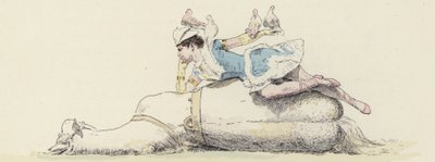 Circus performer, lying on a horse, with doves on her arm and head by Jules Arsene (after) Garnier