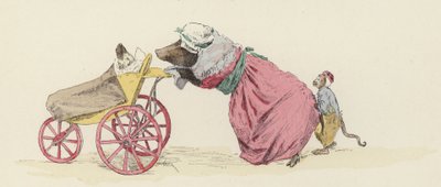 Pig pushing a dog in a pram, with a monkey behind by Jules Arsene (after) Garnier