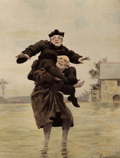 Brother Adam Couscoil Carrying Brother Ian Dodin on His Shoulder. Pantagruel. Illustration by Jules Garnier. In 