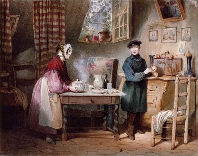 Economy. Young couple in a house: the woman puts a sip on the table and the man puts a coin in a piggy bank by Jules David