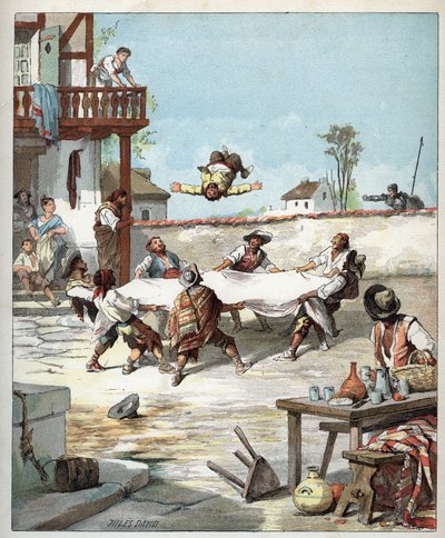 In an inn, Sancho Panza is manhandled, he