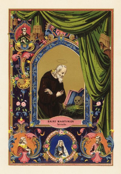 Portrait of Saint Martinian, Hermit of Caesarea in Palestine, with Halo, Reading Bible Leaning Against a Human Skull, within Decorative Border of Curtains and Foliage by Jules Desportes