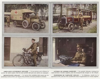 Ambulance Automobile Anglaise, Autobus de Londres Mobilises, Motocycliste Anglais, Telephones de Campagne Anglais by Jules Gervais Courtellemont
