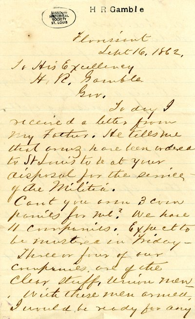 Letter signed Julian Bates, Florissant, to His Excellency H.R. Gamble, September 16, 1862 by Julian Bates