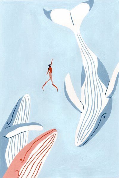 Woman And Whales Swim by Julie Lesouef