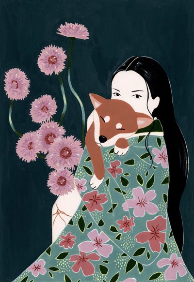 Woman Holding Shiba Inu by Julie Lesouef