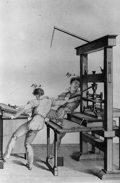 Young blind men working at a printing press, illustration from 