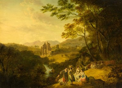 Rosslyn Castle with Washerwomen and Cattle by Julius Caesar Ibbetson