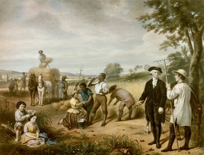 Washington the Farmer: George Washington (1732-1799) in the fields of Mont Vernon, his plantation in the Earl of Fairfax, Virginia. In the lower left corner are represented her two stepchildren, John and Martha Parke Custis. Lithography by Junius Brutus Stearns