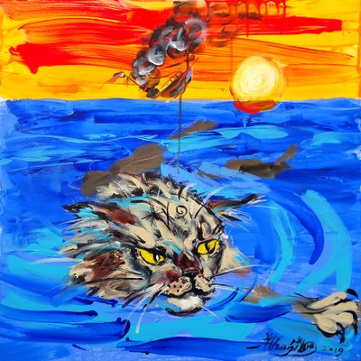 Fierce Cat Ocean Sunset by Kanat Ibragimov