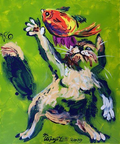 Playful Cat Chasing Fish by Kanat Ibragimov