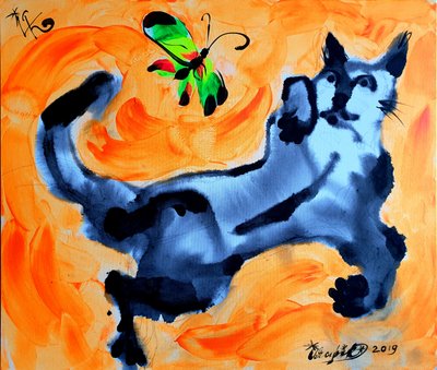 Playful Cat and Butterfly by Kanat Ibragimov