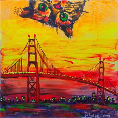 Whimsical Cat Over Golden Gate by Kanat Ibragimov