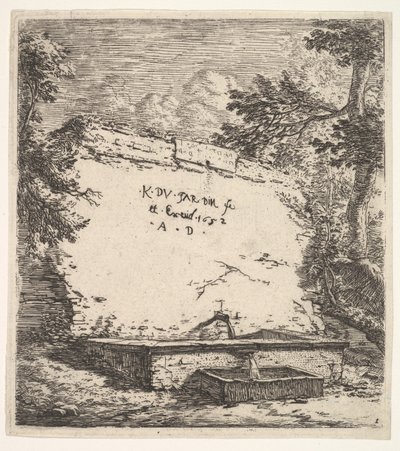 Frontispiece with Stepped Fountain, a Stone Wall with Water Spout Pouring Water into a Rec... by Karel Du Jardin