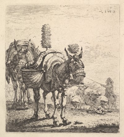 Two Mules Bearing Panniers and Outfitted with Blinders, Plumes, and Tassels by Karel Du Jardin