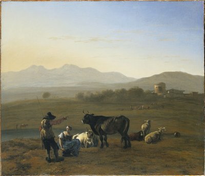 An Extensive Landscape in the Roman Campagna, with Cattle and Shepherds by Karel Dujardin