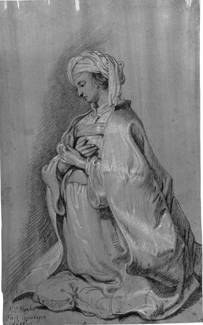 Kneeling Figure on a Cushion with Turban, Facing Left, Hands Folded Over Chest by Karel van III Mander