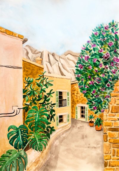 Sunny European Village Street by Karen Menzenbach