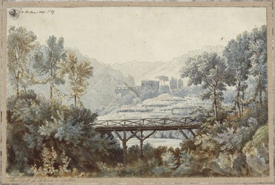 Aline, Queen of Golconda. Opera by Henri-Montan Berton. Design for the 2nd Decoration. Landscape with River and Bridge by Karl Friedrich Schinkel
